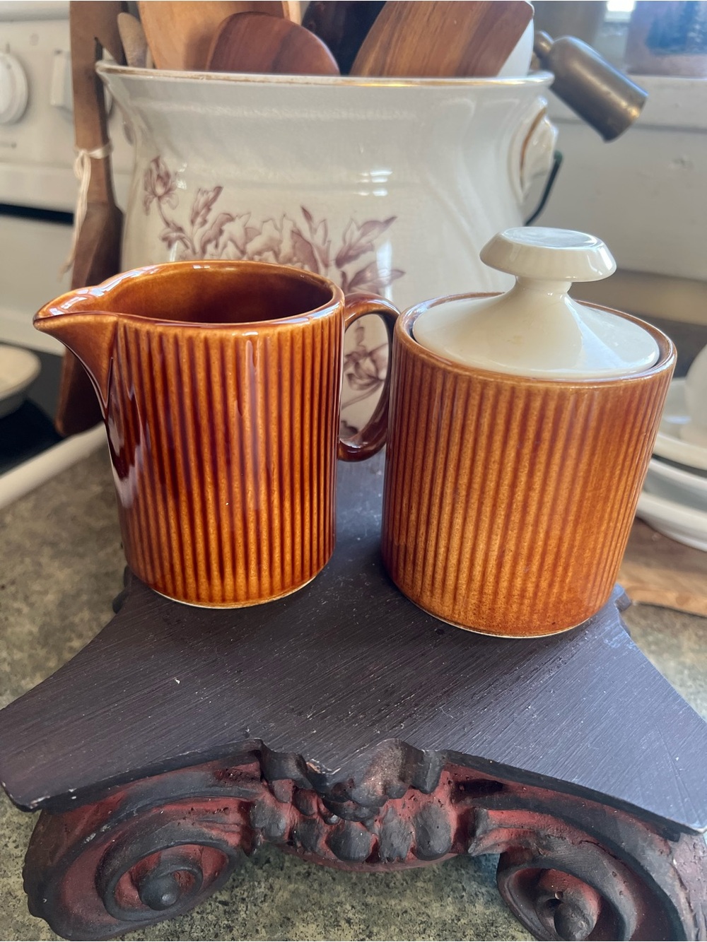 Vintage MCM Ribbed Ceramic Creamer and Sugar Set - Warm Amber